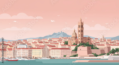 Stylized Marseille Skyline with Old Port in Pastel Flat Vector Illustration Landmark in Pastel Flat Vector Illustration
