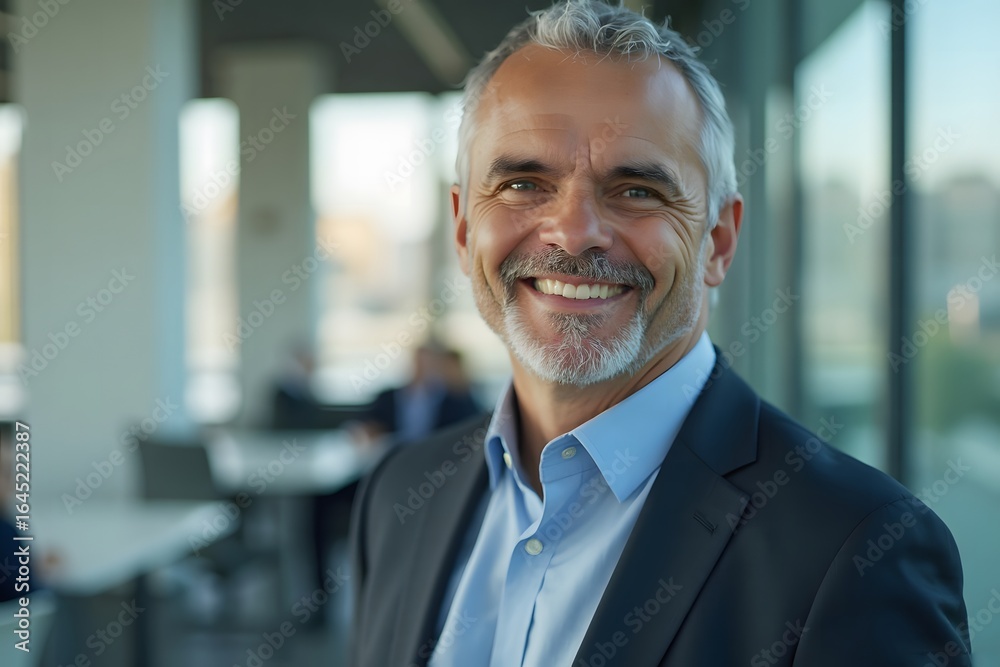 Fototapeta premium Smiling Mature Businessman in Dark Blue Suit in Modern Office