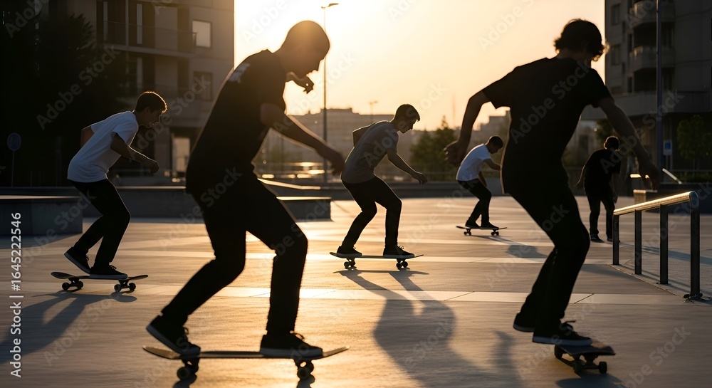 Obraz premium Skateboarders silhouetted against the setting sun at a city skatepark, capturing youthful energy and urban lifestyle.