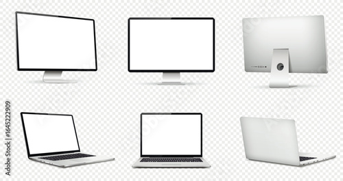 Realistic computer screen mockup. Laptop computer mockup different angles views on transparent background.