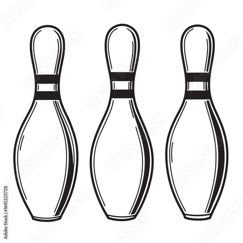 Three stylized black and white bowling pins isolated against a clean white background