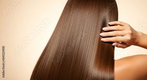 Silky brunette hair cascades as a woman touches its radiant smoothness indoors