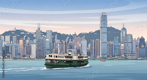 Stylized Hong Kong Skyline with Victoria Harbour in Pastel Flat Vector Illustration Landmark in Pastel Flat Vector Illustration