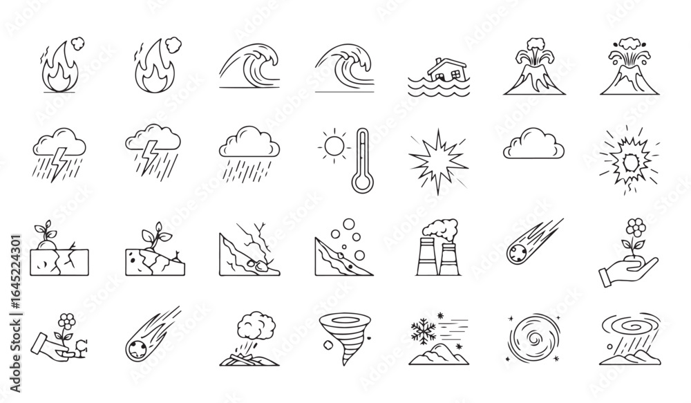 Fototapeta premium A vector illustration set of summer travel icons, including a sun, cloud, car, boat, beach umbrella, and sea symbols, is perfect for a vacation design collection