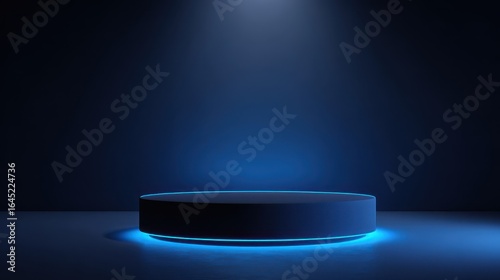 Eye-catching photo of background podium 3D light neon blue platform stage product abstract. Scene background 3D podium dark pedestal room glow studio empty stand floor night modern.