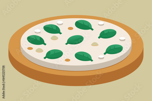 White Sauce Pizza with Spinach and Mushroom on a Round Plate