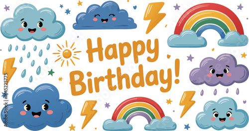 Happy Birthday Cartoon with Clouds, Rainbows, Lightning Bolts, and Sun Illustration