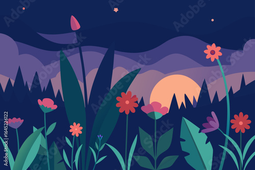 Wildflower Patches in Tropical Field at Dusk
