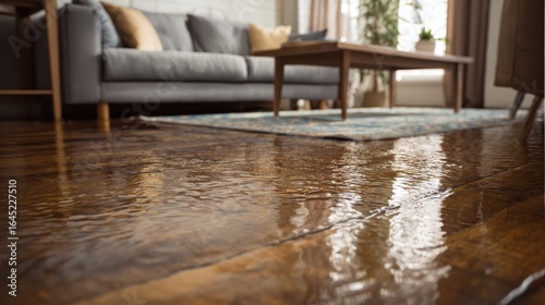 Eye-catching photo of close-up of a flooded living room floor from a water leak, highlighting the damage to furniture and flooring.