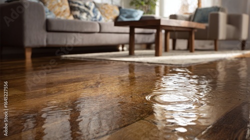 Eye-catching photo of close-up of a flooded living room floor from a water leak, highlighting the damage to furniture and flooring.