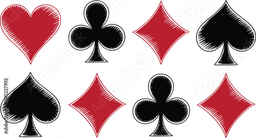 Eight Drawn Card Suit Symbols Hearts, Clubs, Diamonds, and Spades Illustrations