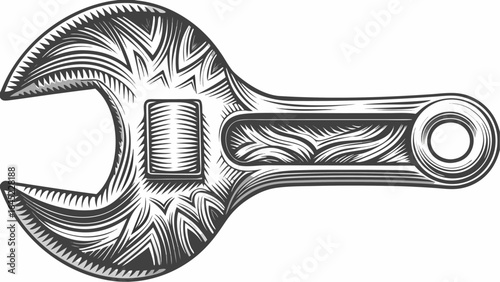 Detailed engraving style illustration of a wrench with intricate line work and shading techniques used silhouette