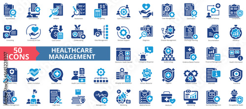 Healthcare management icon set flat style collection. Contain accreditation, administration, analysis, assessment, budgeting, coordination, compliance, certification