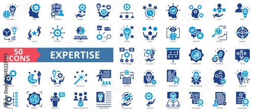 Expertise icon set flat style collection. Contain knowledge, skill, proficiency, mastery, competence, specialization, experience, capability, aptitude, talent, expert, insight, capacity, competence