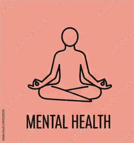 
A minimalist line art icon of a person meditating in the lotus position. A simple, clean graphic representing mental health, wellness, mindfulness, and relaxation.