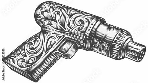 Detailed engraving of a futuristic ray gun with intricate floral and mechanical designs in monochrome style silhouette