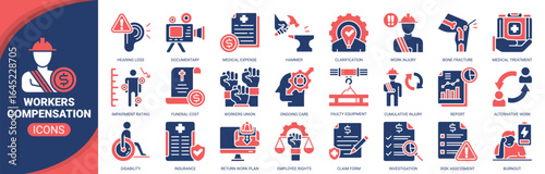 Workers compensation icon set. Containing icon of workers compensation, work injury, disability, insurance, medical treatment and more. Solid vector icons collection.