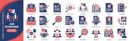 Job interview icon set. Containing icon of recruitment, interview, resume, job application, candidate and more. Solid vector icons collection.
