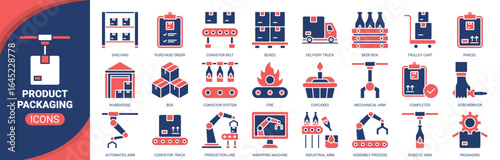 Product packaging icon set. Containing icon of smart factory, industrial robot, assembly line, conveyor belt, quality control and more. Solid vector icons collection.