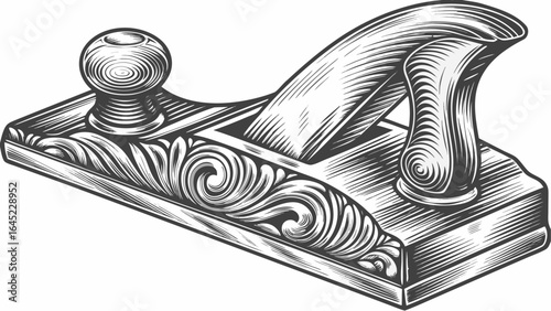 Detailed wood plane illustration with decorative swirls and intricate line work showing craftsmanship and design silhouette