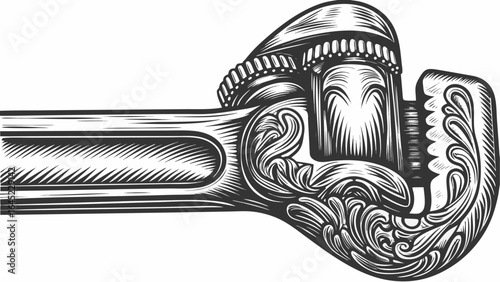 Detailed engraving of an adjustable wrench with decorative floral elements and intricate line work design silhouette