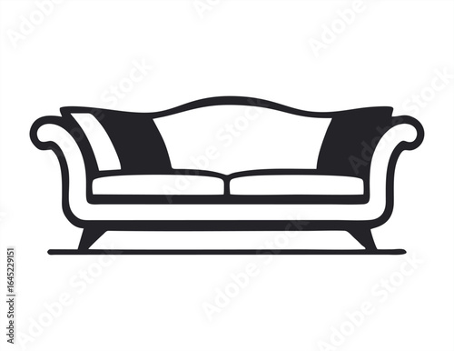 A clean, black and white vector silhouette of a classic sofa with cushions and curved armrests. The icon perfect for interior design or furniture-related graphics.
