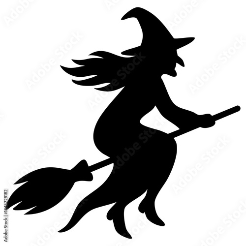 Witch flying on broomstick with trailing cloak
