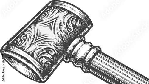 Illustration of a gavel with decorative carvings and a striped handle on a white background silhouette