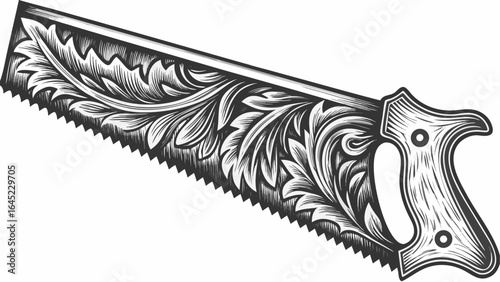 Detailed engraving of a hand saw with a decorative floral pattern in black and white illustration style silhouette