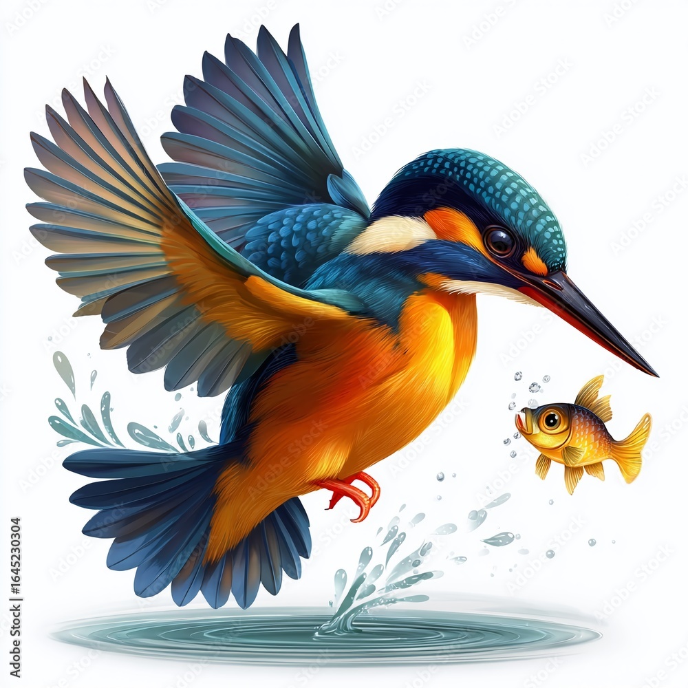 Obraz premium Adorable Kingfisher Plunging for a Fish A Captivating Cartoon Illustration for Nature Lovers and Childrens Education
