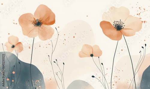 Boho style background with neutral pastel tones and natural floral elements. This aesthetic minimalist design evokes a calming, serene atmosphere, ideal for social media content, Generative AI