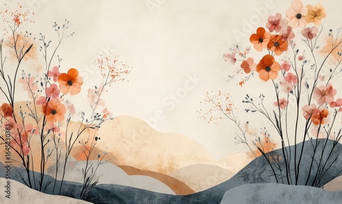 Boho style background with neutral pastel tones and natural floral elements. This aesthetic minimalist design evokes a calming, serene atmosphere, ideal for social media content, Generative AI