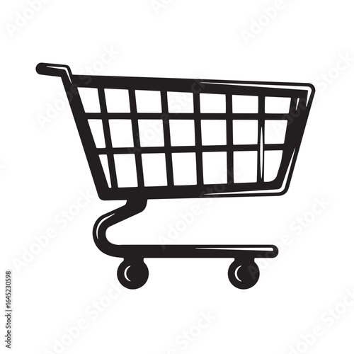 A simple illustration of a black shopping cart icon on white background