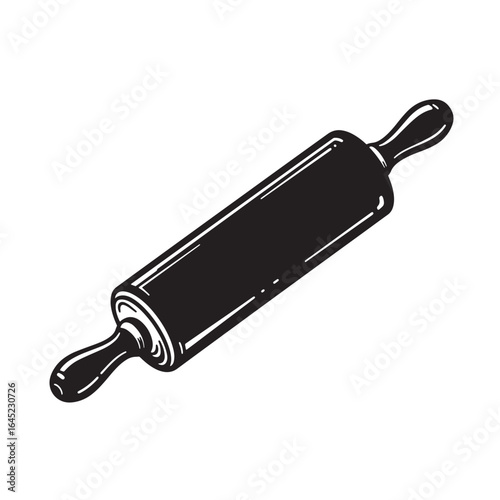 Black and white illustrated rolling pin kitchen utensil isolated on white background
