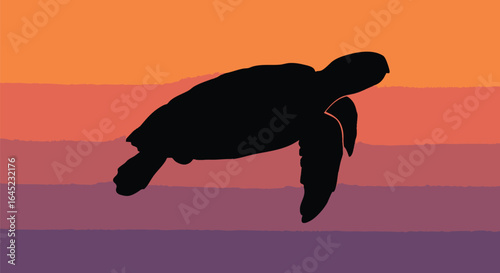 Graceful sea turtle silhouette glides across a breathtaking gradient sky, blending vibrant sunset colors of orange, red, and purple, symbolizing marine tranquility and natural beauty.