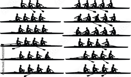 Rowing team in action, athletes rowing together, competitive sports, teamwork in rowing, synchronized rowing performance, professional athletes, sports competition.