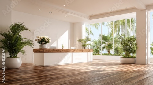Eye-catching photo of minimalist hotel reception area with hardwood flooring  white walls  green potted plant  bright natural light filtering through expansive window framing.