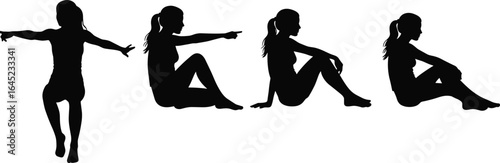 Silhouette of Young Girl in Multiple Sitting and Standing Poses, Vector Black Outline of Female Child, Playful and Relaxed Body Language Illustration