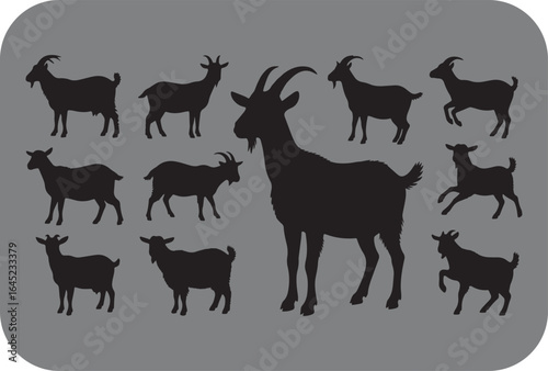 Collection of black goat silhouettes in various poses and sizes arranged on a grey background showcasing farm animals and livestock