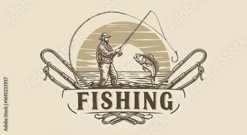 Vintage fishing club emblem with a fisherman catching a big fish. Hand-drawn retro style vector logo for angling sport.