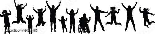 Diverse Group Silhouettes Jumping in Joy — Inclusive People of All Ages and Abilities Celebrating Life, Featuring Adults, Children, and Wheelchair User