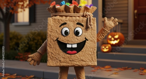 Happy Halloween Paper Bag Character Waving Hello With Pumpkins