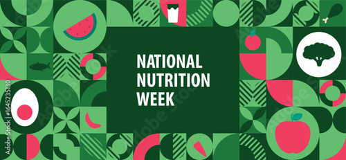 National Nutrition week banner Pattern post. 1 to 7 September Nutritional week cover banner with stickers, icon of healthy fruits and vegetables.