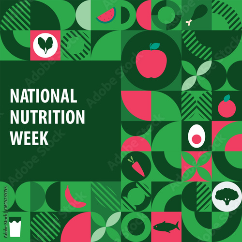 National Nutrition week banner Pattern post. 1 to 7 September Nutritional week cover banner with stickers, icon of healthy fruits and vegetables.