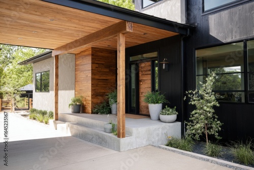 Wallpaper Mural The modern entrance of the home showcases a striking combination of wood and concrete elements, beautifully complemented by lush greenery in a tranquil outdoor environment Torontodigital.ca