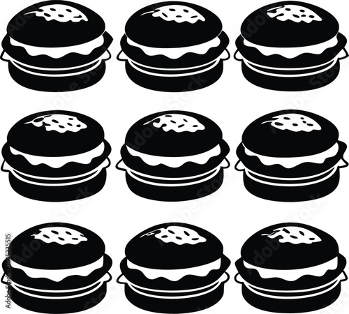 Black and White Macarons Illustration: Dessert Food Graphic Design, Pastry Treats Icon Set
