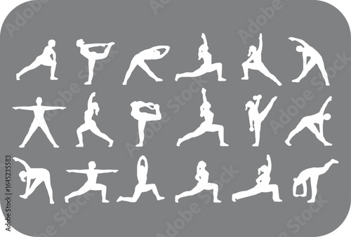 Collection of white yoga and fitness poses silhouettes on a grey background showcasing flexibility and balance in various athletic movements and exercises