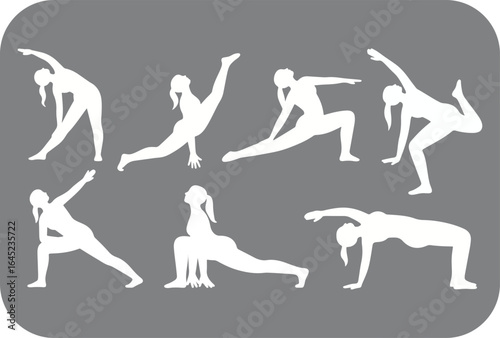 Silhouettes of women performing various yoga and stretching poses against a solid gray background showcasing flexibility and fitness in a clean graphic design