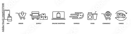 Delivery Service icon set with app, order, supply, online shopping, express, food, commerce, and cargo