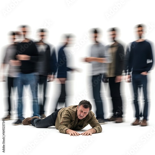 A man on the ground with a long-exposure crowd around (The Bystander Effect)
